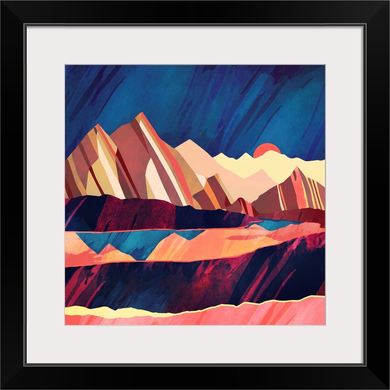 Abstract depiction of a desert landscape with bold colors.