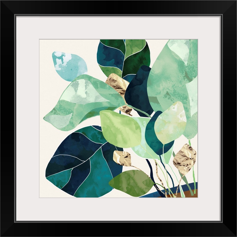 Abstract depiction of a house plant with indigo, gold, green, teal, sage and brown.