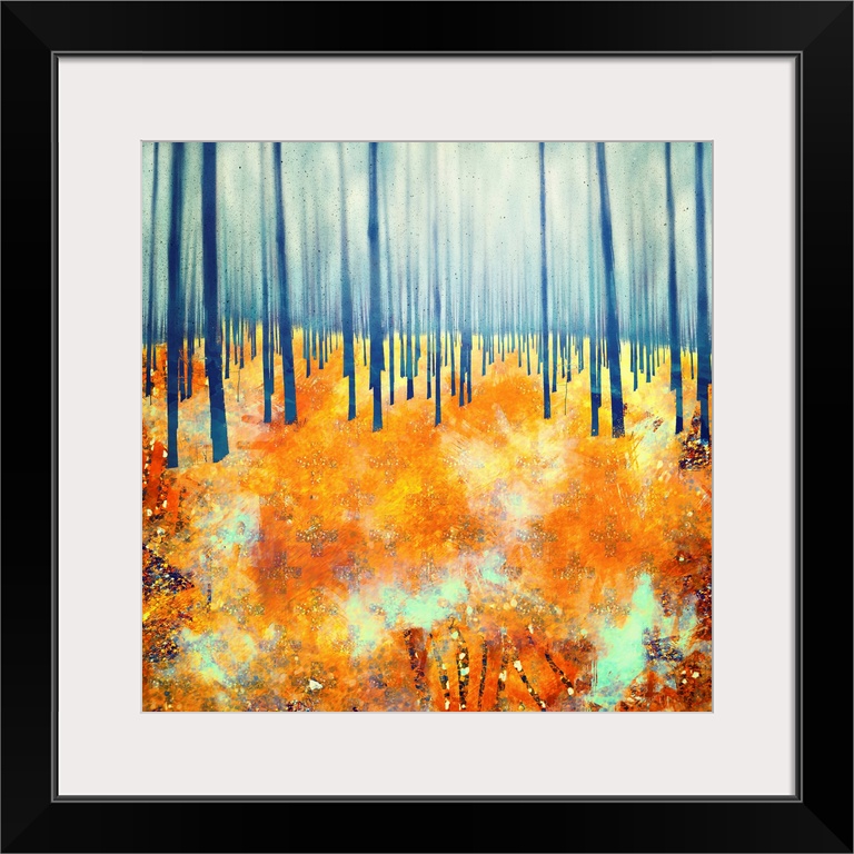 Abstract depiction of a forest floor in late autumn with blue, orange and red.