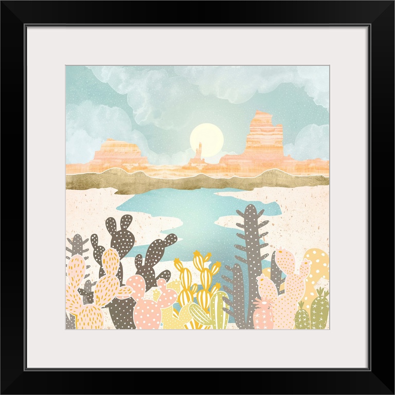 Abstract depiction of a retro desert oasis with water, cacti, mountains and pink.