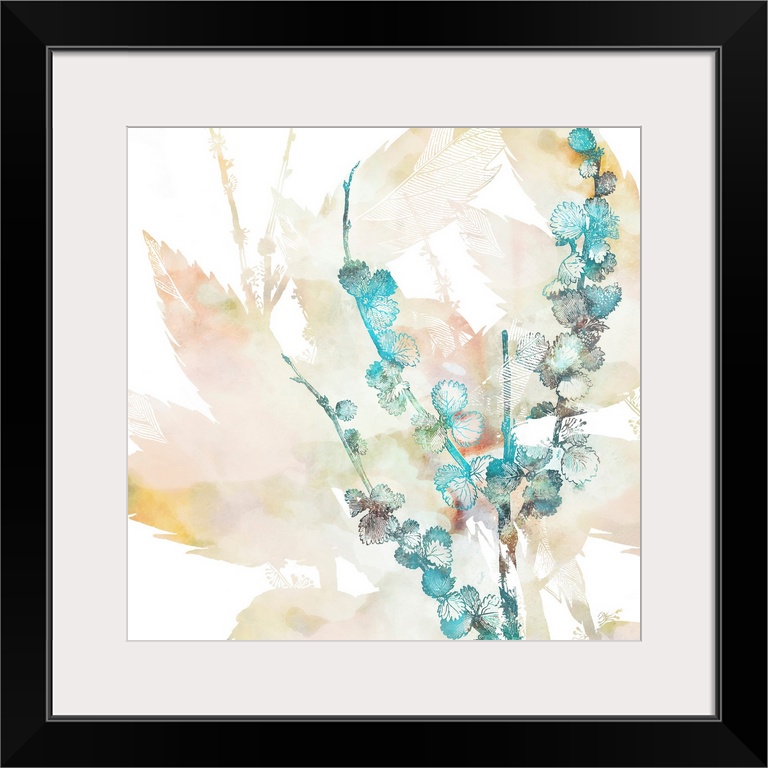 Abstract depiction of flowers with teal, green, brown and leaves.