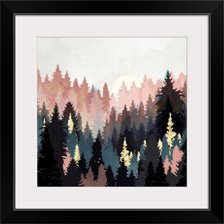 Abstract depiction of a spring forest with grey, pink, teal, gold and texture.