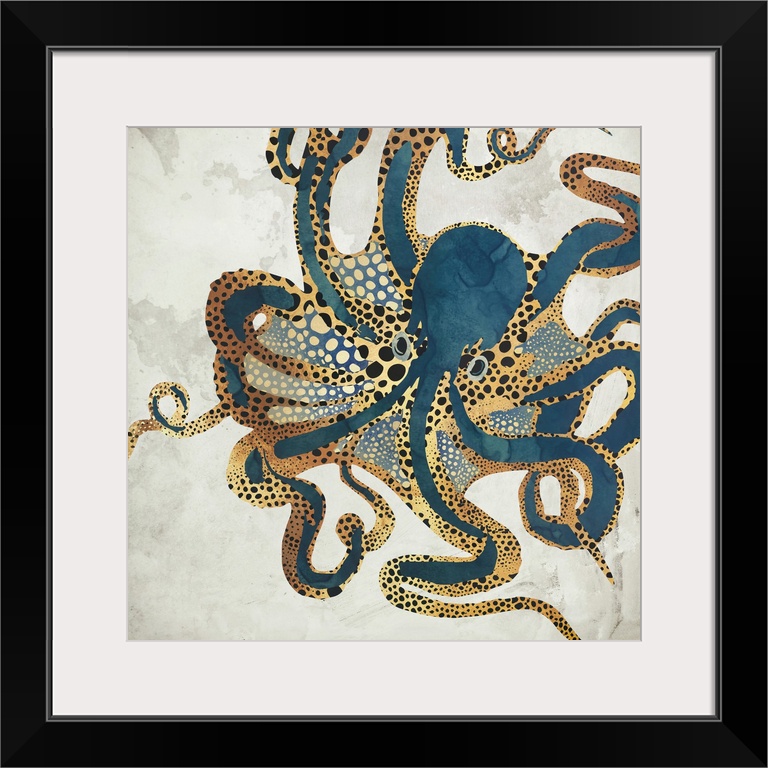 A contemporary illustration of a large octopus in shades of dark teal and gold, on a mottled grey background