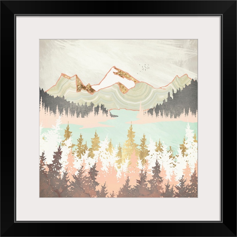 Abstract depiction of a winter bay with mountains, trees, water, gold and pink.