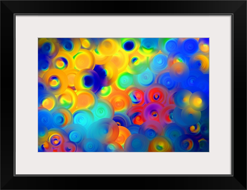 Abstract artwork of overlapping swirling circles in vibrant yellow, red, and blue.
