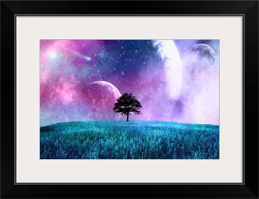 A lone tree in a field under a night sky filled with moons and stars.