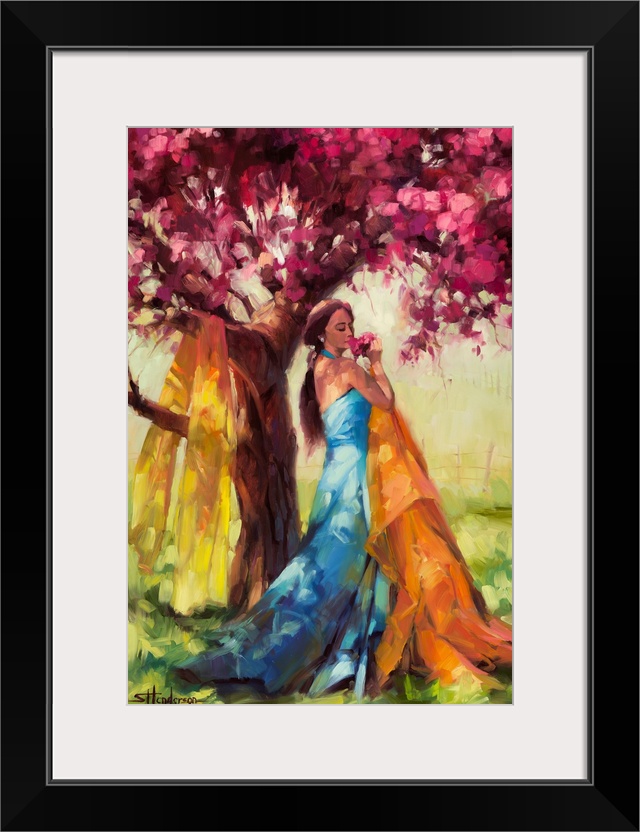 Traditional representational painting of a young woman standing before a blossoming tree in spring. She is smelling the fl...