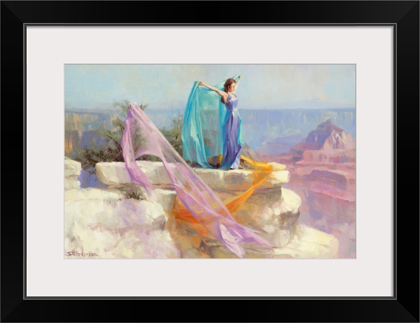 Traditional representational painting of a woman in a lilac dress standing on a rock in the Grand Canyon, with fabric acro...