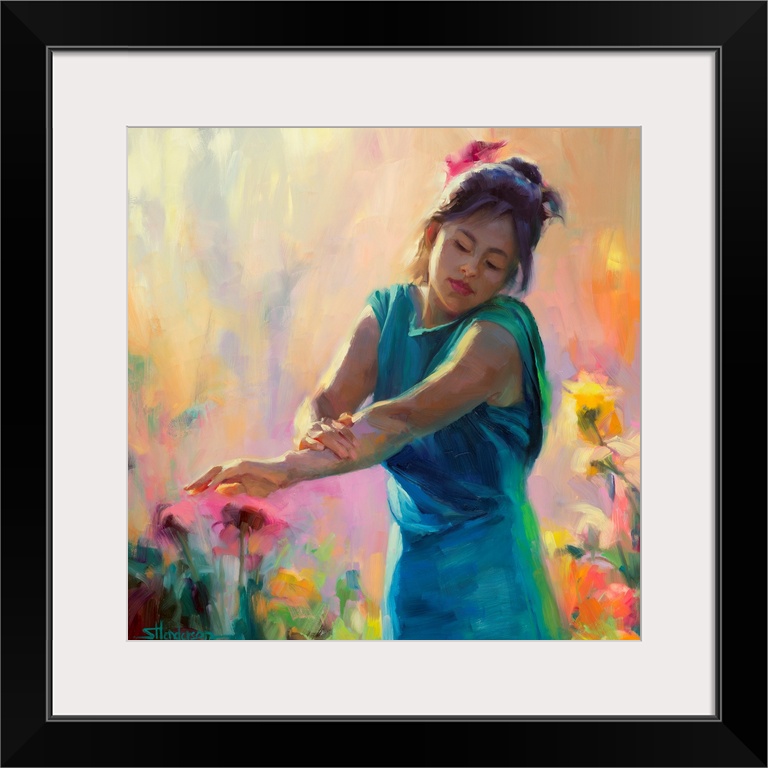 Traditional impressionist painting an an Hispanic woman in a teal dress standing in a country garden of wildflowers, arms ...