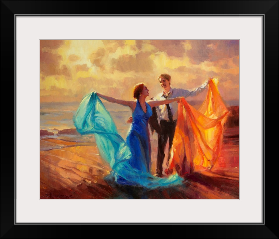 Traditional representational painting of a man and woman dancing an impromptu waltz at sunset on a golden ocean beach.
