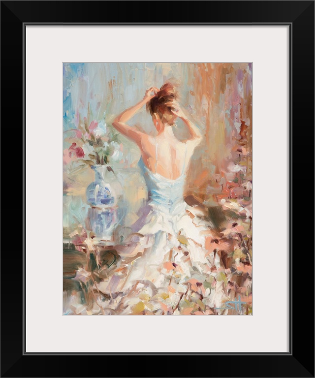 Traditional impressionist painting of an elegant woman in her boudoir or bedroom, fixing her hair and surrounded by vases ...