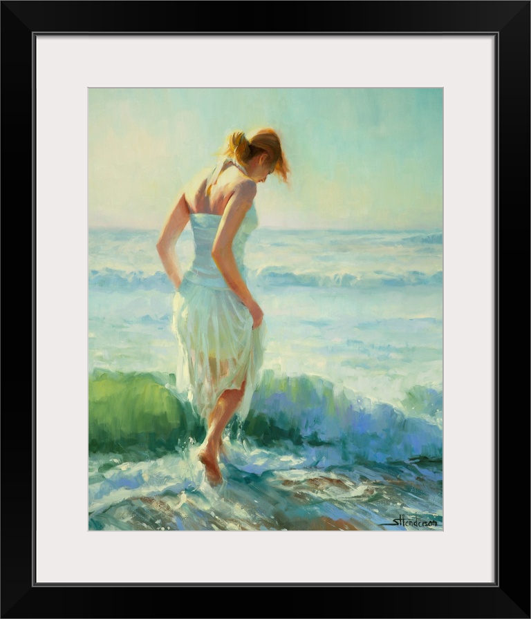 Traditional representational painting of a young woman in a sundress walking barefoot through the ocean surf. She is a red...