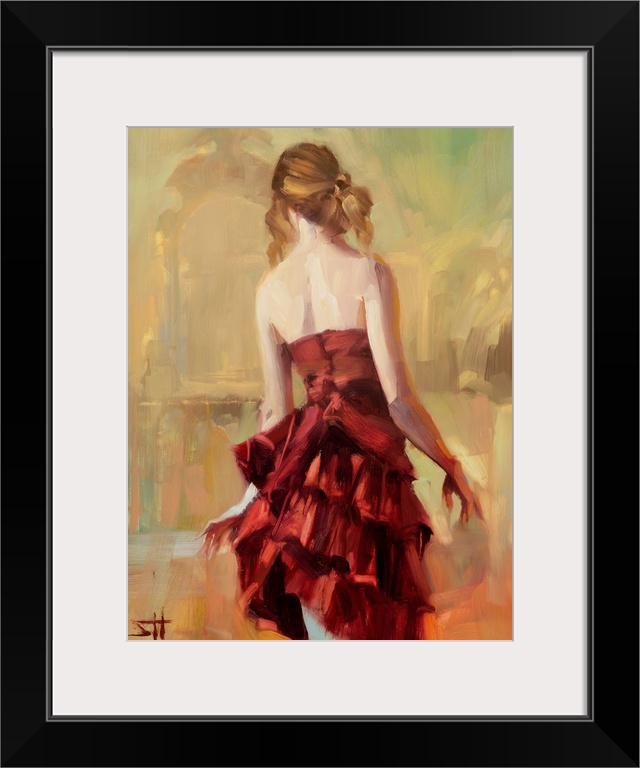 Traditional impressionist painting of a young woman in a rust or copper colored dress, standing gracefully like a dancer. ...