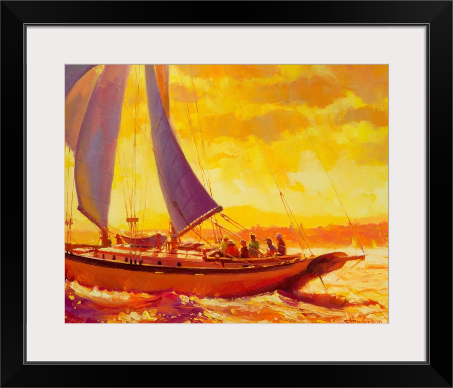 Traditional representational painting of a sailboat full of friends, gliding through golden, glistening water reflecting t...