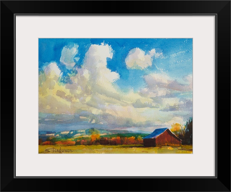 Traditional impressionist watercolor painting of a lone barn out in the middle of a country ranch on a windy, stormy day n...