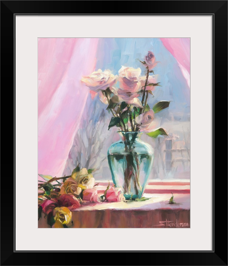Traditional impressionist painting of a country vase of flowers sitting on the windowsill with the morning light streaming...