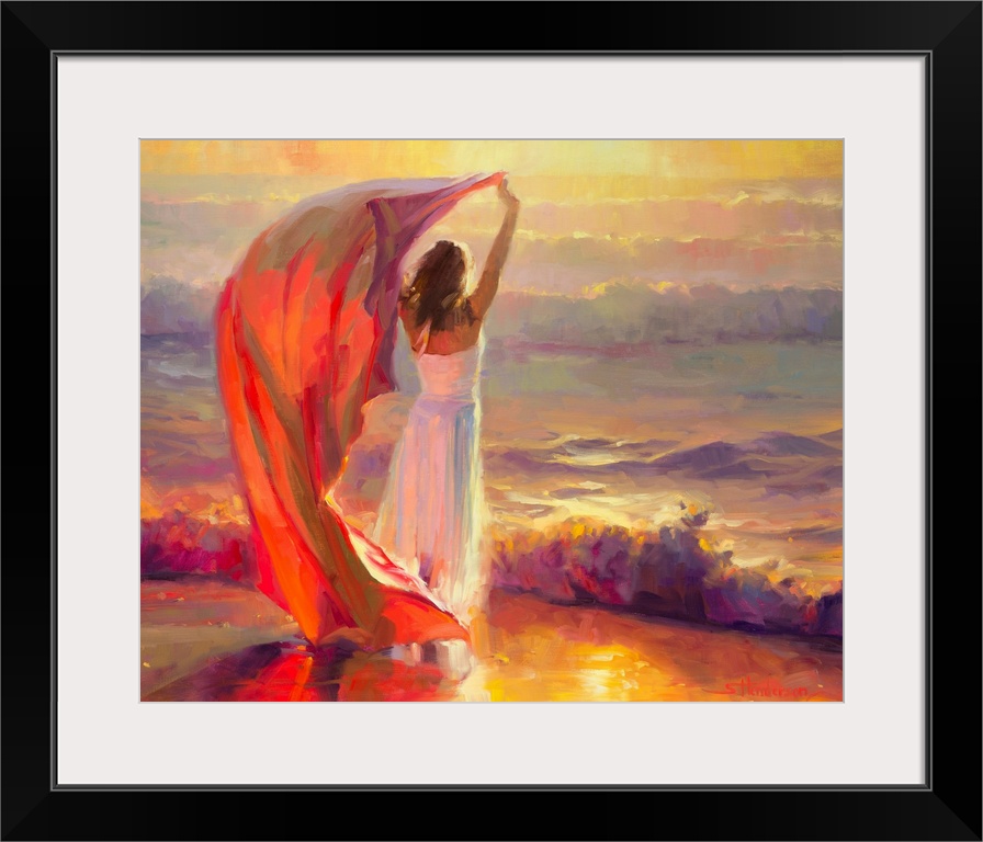 Traditional impressionist painting of a young beautiful woman standing at the beach, arms raised to the sunset