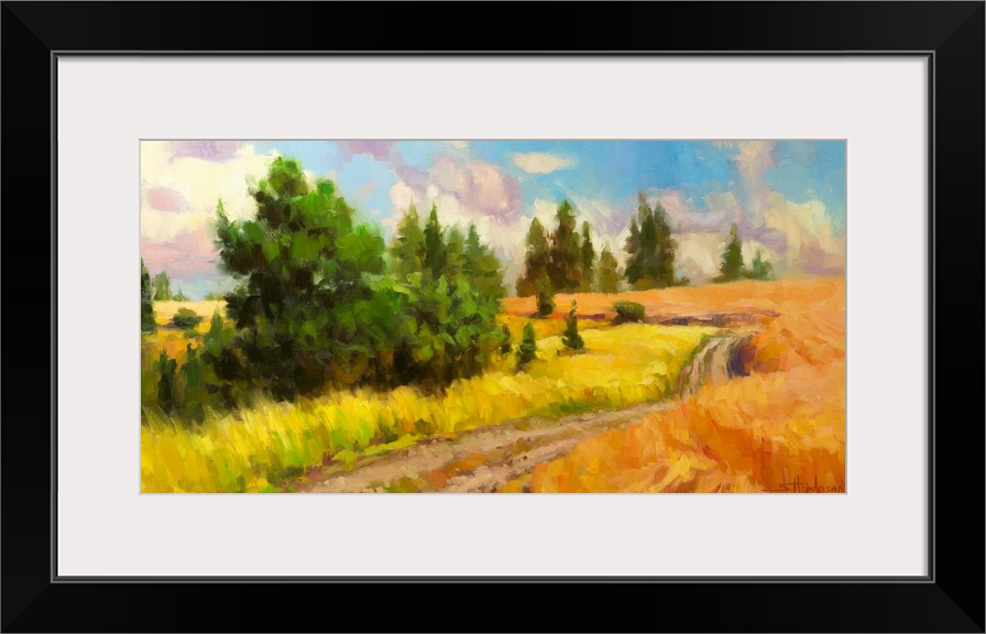 Traditional impressionist landscape painting of a country dirt road winding through a golden meadow and copses of trees.
