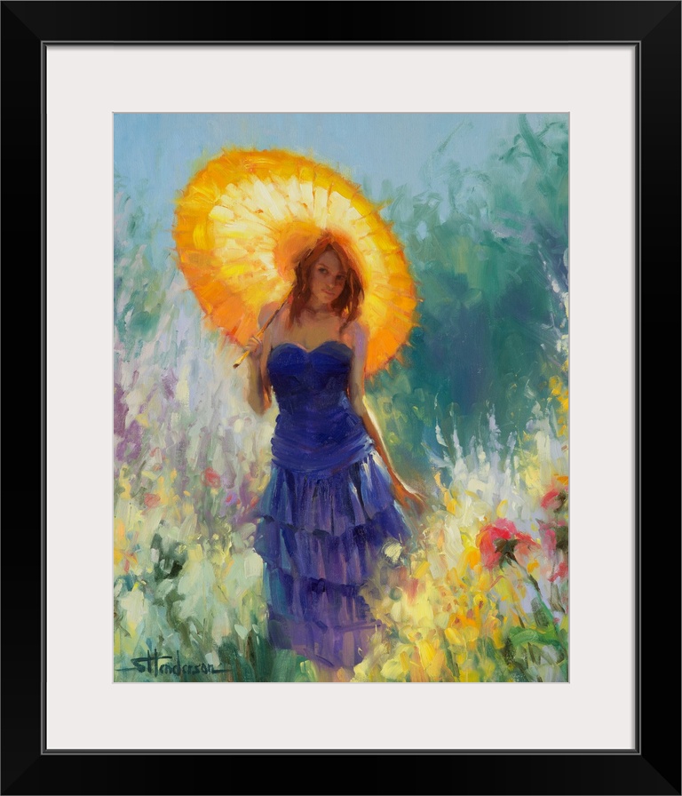 Traditional impressionist painting of a young, redheaded woman strolling through a country garden of spring flowers. She i...