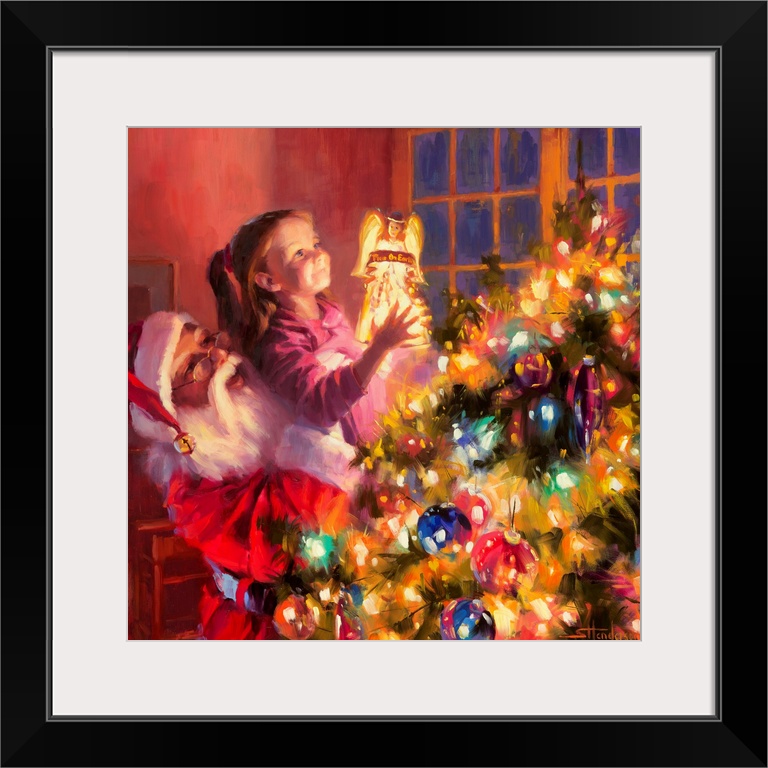 Traditional representational holiday Christmas painting of Santa Claus making toys in his North Pole workshop.