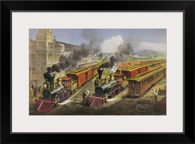 19th Century American Railroad Scene Lightning Express Trains Leaving The Junction