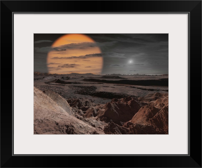 A binary star system consisting of a red giant and a white dwarf, seen from a hypothetical planet.