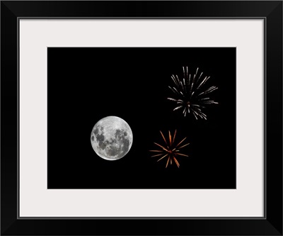 A composite image with fireworks and a new Moon