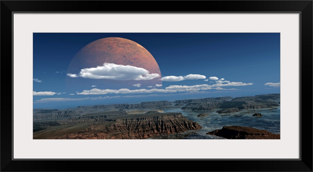 Alterered photograph of a large glowing moon rising above water filled canyons.