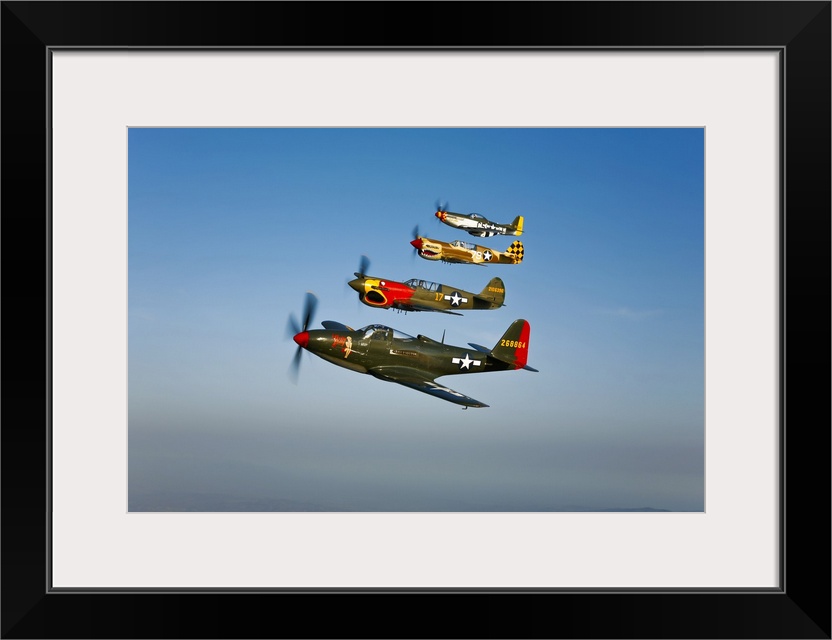 A Bell P-63 Kingcobra, two Curtiss P-40N Warhawk, and a North American P-51D Mustang in flight near Chino, California.