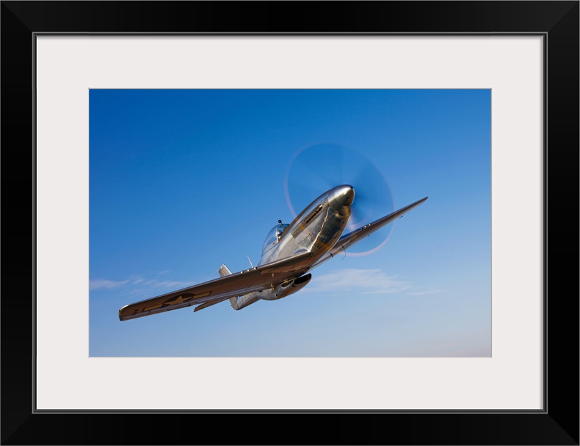 Landscape photograph on a large canvas of a P-51D Mustang in flight, against a bright blue sky near Chino, California.