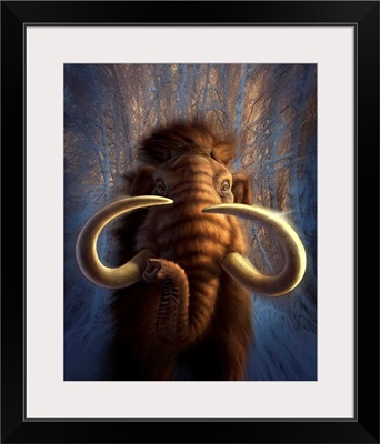 A Woolly Mammoth bursting out of a snowy, wooded backdrop