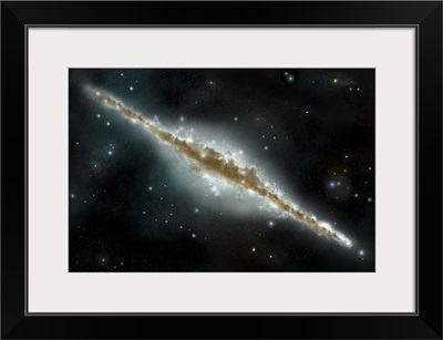 An artist's depiction of a large spiral galaxy viewed from edge on
