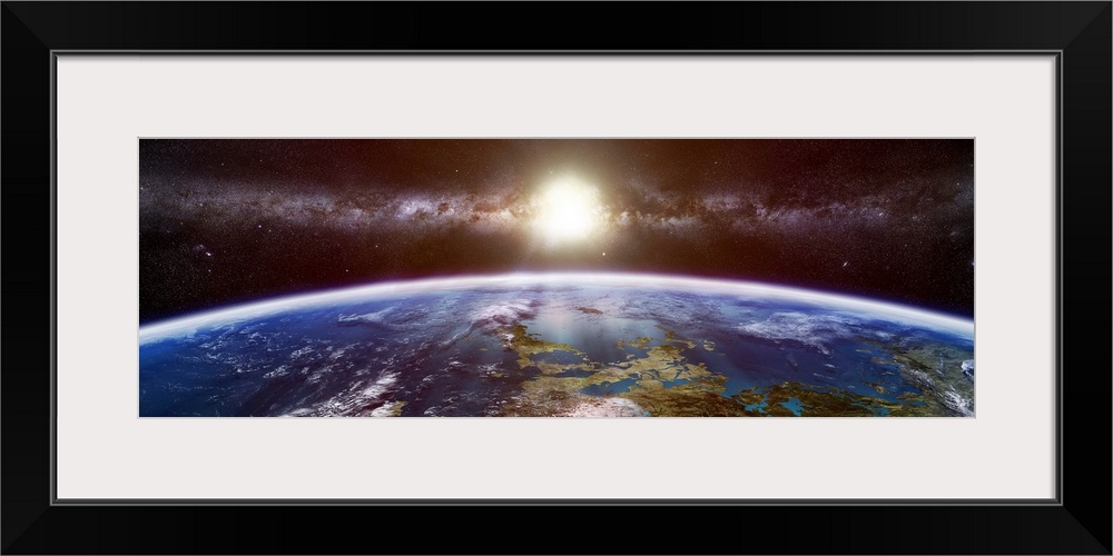 Panoramic contemporary art depicts a visualization of a foreign planet taken from the viewpoint of outer space.  In this c...