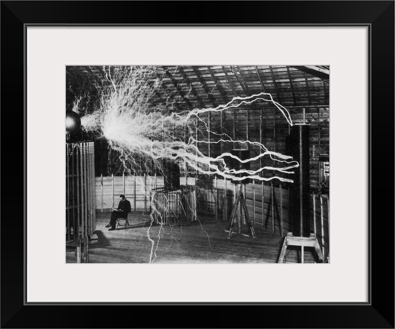 Bolts of electricity discharging in the lab of Nikola Tesla.