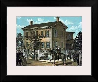 Civil War print of Abraham Lincoln riding on horseback as a crowd cheers
