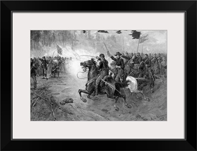 Civil War print of Union cavalry soldiers charging a Confederate firing line