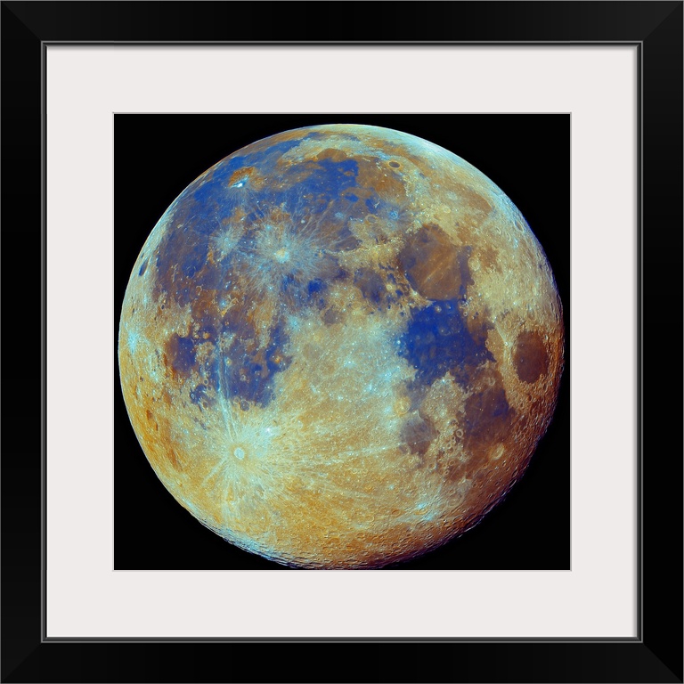 Square photo on canvas of the moon highlighted in color on a dark backdrop.