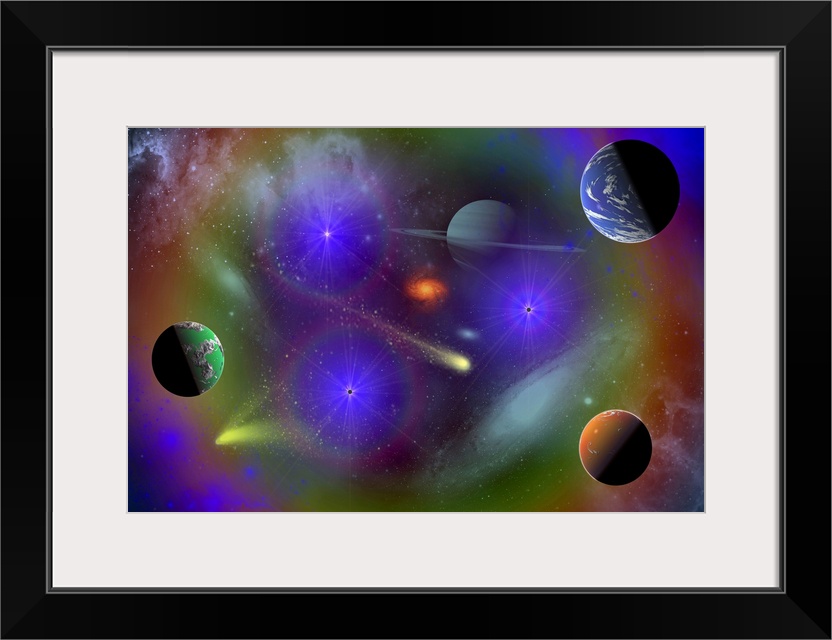 Conceptual image depicting the stars, planets and nebulae of a scene in outer space.