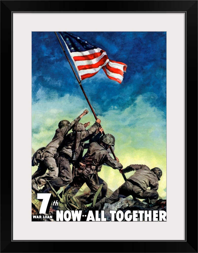 This vertical poster of vintage wall art created to inspire patriotism and war bond sales features a painting of the famou...