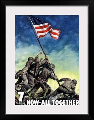 Digitally restored vector war propaganda poster. 7th War Loan, Now All Together