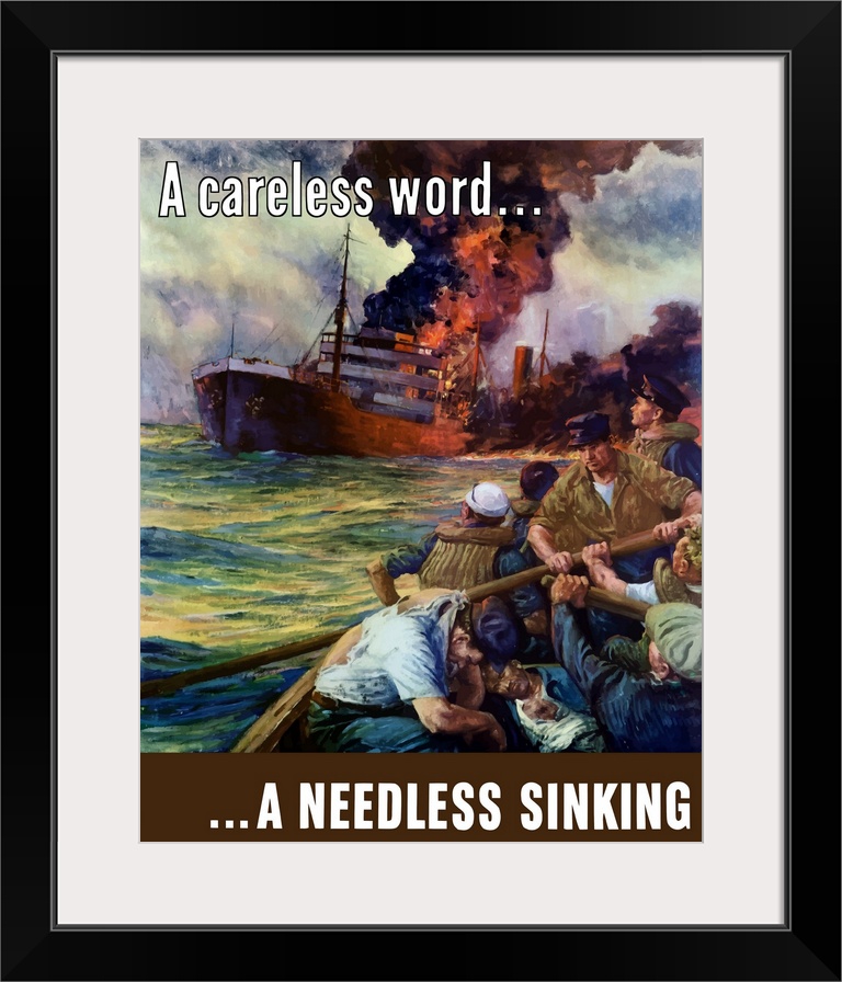 Digitally restored vector war propaganda poster. This vintage World War Two poster features U.S. sailors in a lifeboat, ro...