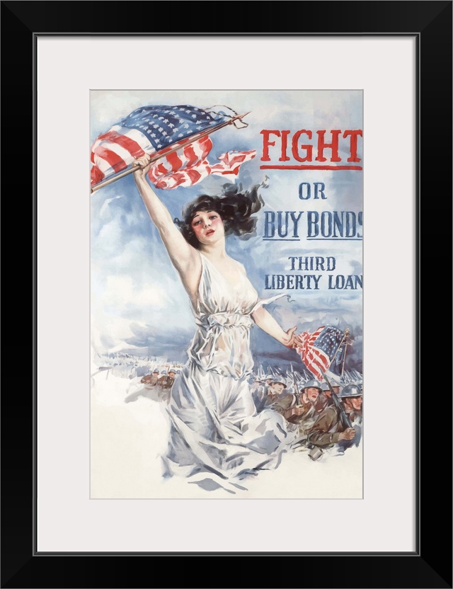 Digitally restored vector war propaganda poster. This vintage World War 1 poster features Lady Liberty waving the American...