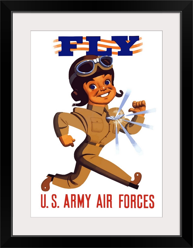 Digitally restored vector war propaganda poster. This vintage World War Two poster features a cartoon aviator, his pilots ...