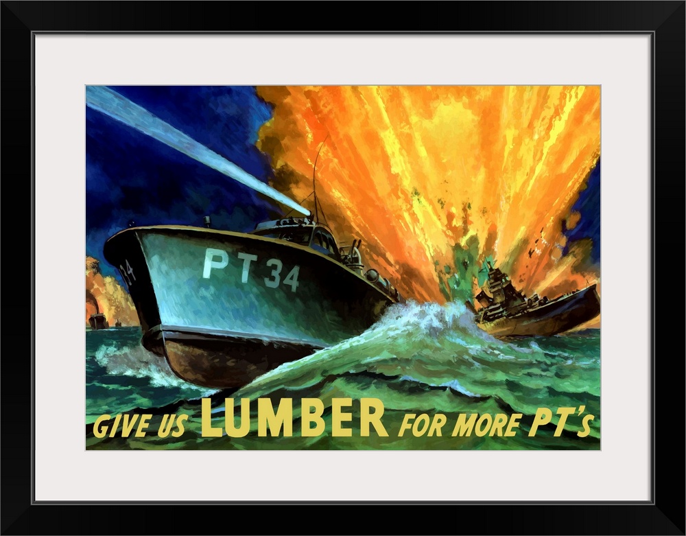 Digitally restored vector war propaganda poster. This vintage World War Two poster features an American PT boat destroying...