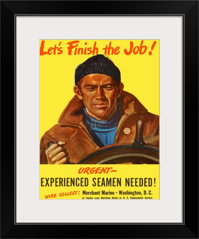Digitally restored vector war propaganda poster. This vintage World War Two poster features a sailor at the helm of a ship...