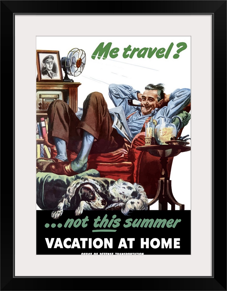 Digitally restored vector war propaganda poster. This vintage World War II poster features a father relaxing in his chair ...