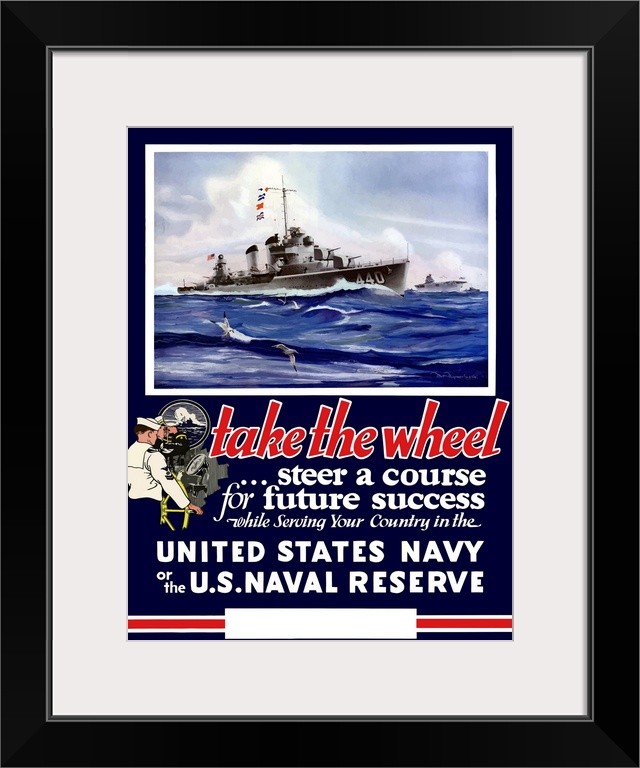 Digitally restored vector war propaganda poster. This vintage World War II Navy poster features US warships on the sea. It...