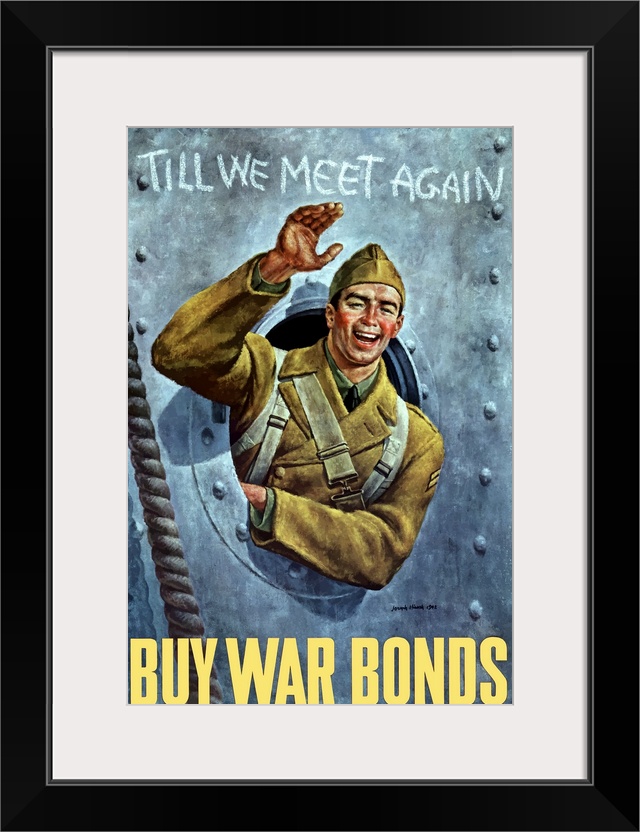 Digitally restored vector war propaganda poster. This vintage World War II poster features a smiling American soldier wavi...