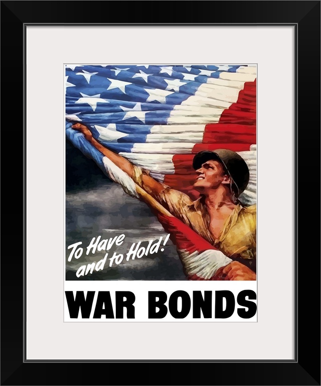 Digitally restored vector war propaganda poster. This vintage World War Two poster features an American G.I. waving a gian...