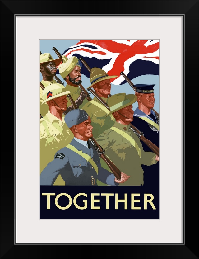 Digitally restored vector war propaganda poster. This vintage World War II poster features the troops of the British Empir...